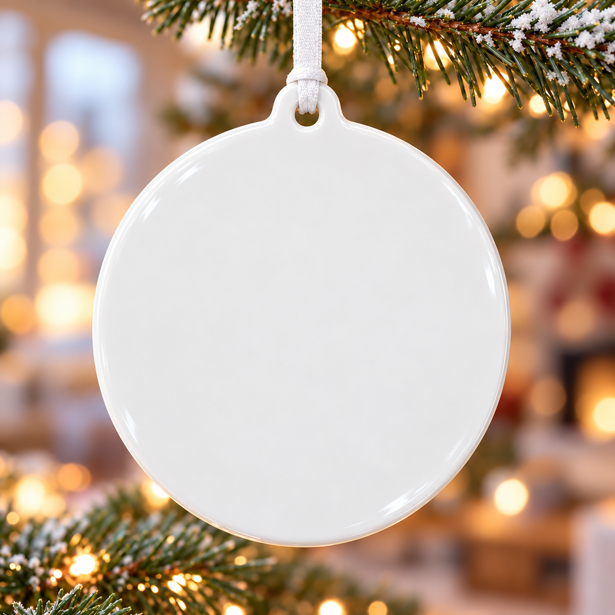 Round White Ceramic Holiday Tree Hanging Medallion, Glossy Porcelain Disc - 3D Relief Ornament