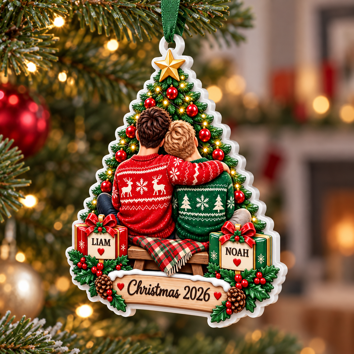 Couple Sitting by Christmas Tree Acrylic Hanging Plaque - 3D Relief Ornament