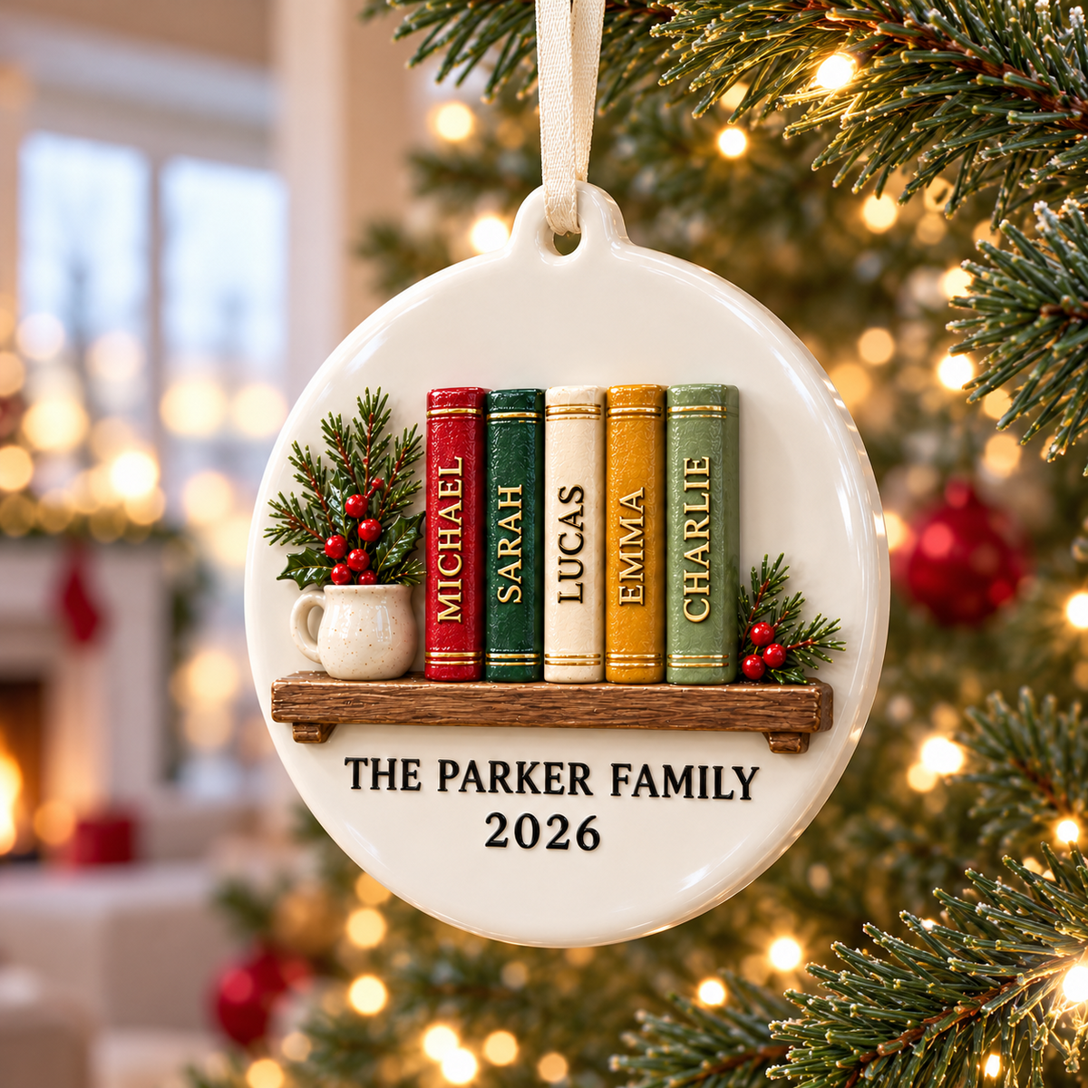 Round White Ceramic Holiday Tree Hanging Medallion, Glossy Porcelain Disc - 3D Relief Ornament