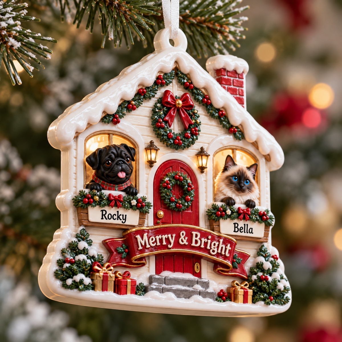 Winter Cottage Dog and Cat Holiday Keepsake Plaque - 3D Relief Ornament