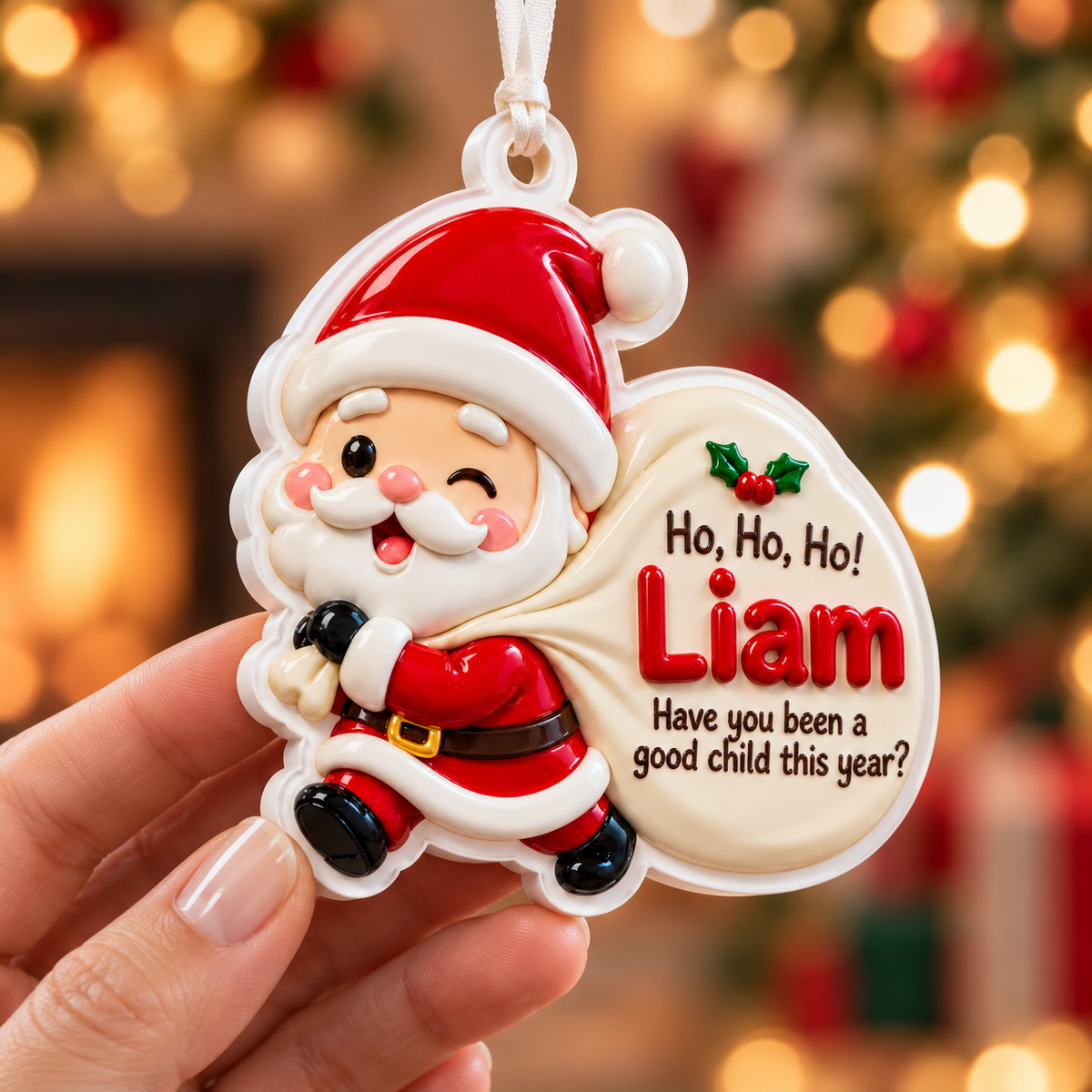 Santa Claus Silhouette White Acrylic Christmas Tree Holiday Hanging Decor - 3D Relief Ornament