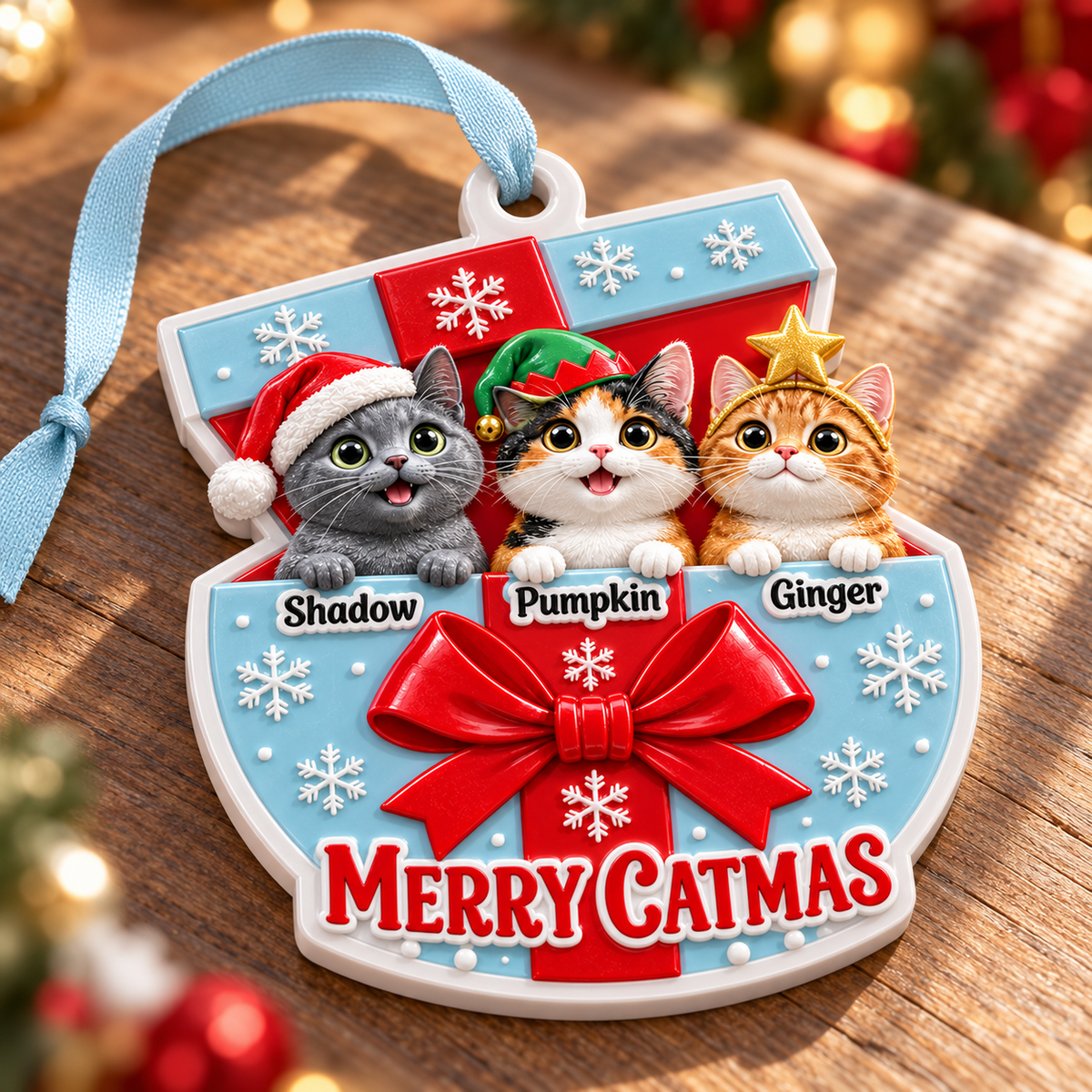 Holiday Cat Trio in Present Box Christmas Tree Pendant, Snowflake Bow Keepsake - 3D Relief Ornament
