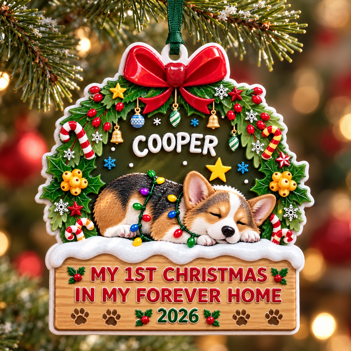 Sleeping Corgi Dog First Christmas In My Forever Home Holiday Plaque - 3D Relief Ornament