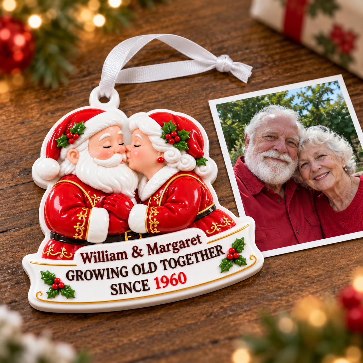 Santa and Mrs Claus Kissing Couple Holiday Hanging Decoration - 3D Relief Ornament