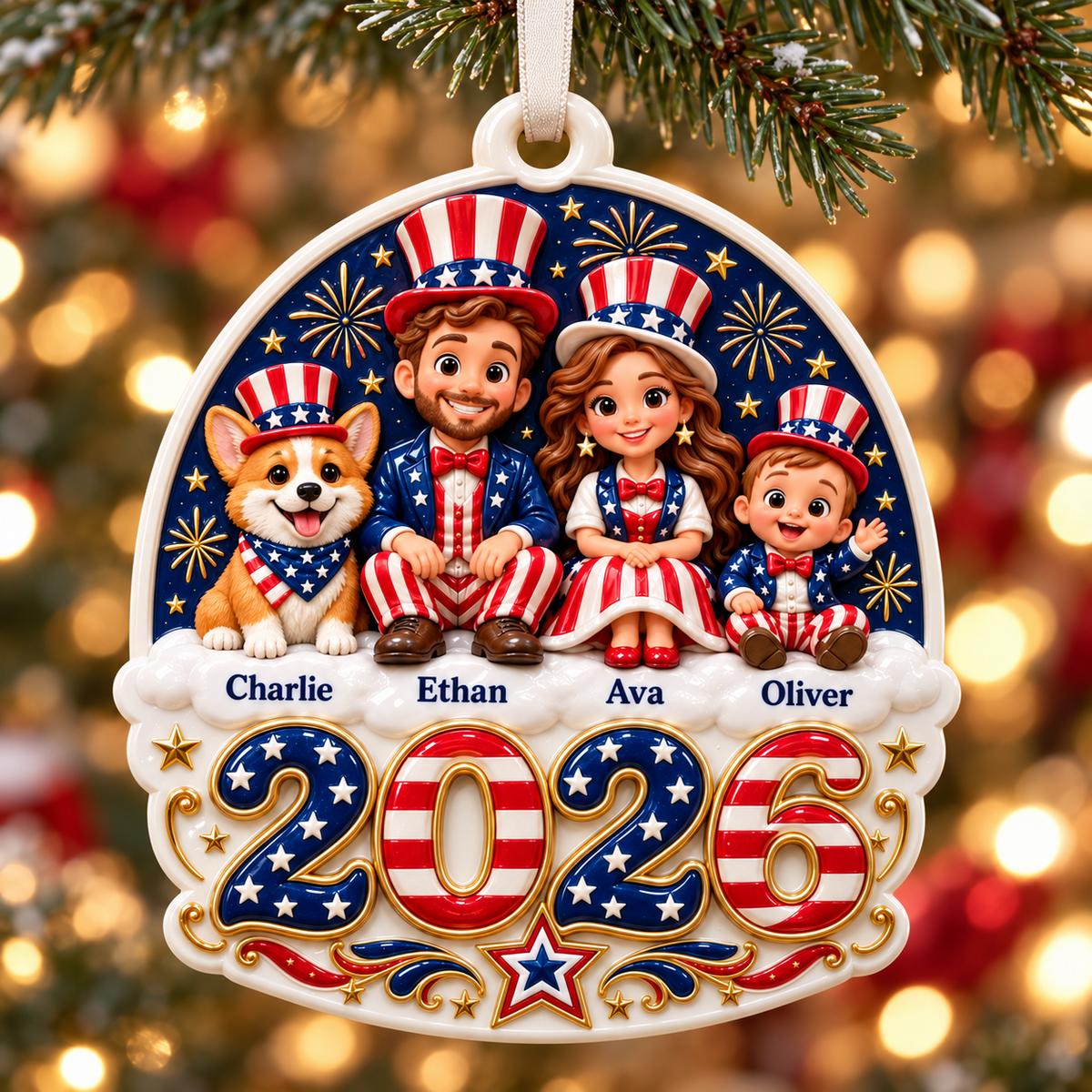 Patriotic Family with Dog 2026 Year Hanging Keepsake - 3D Relief Ornament