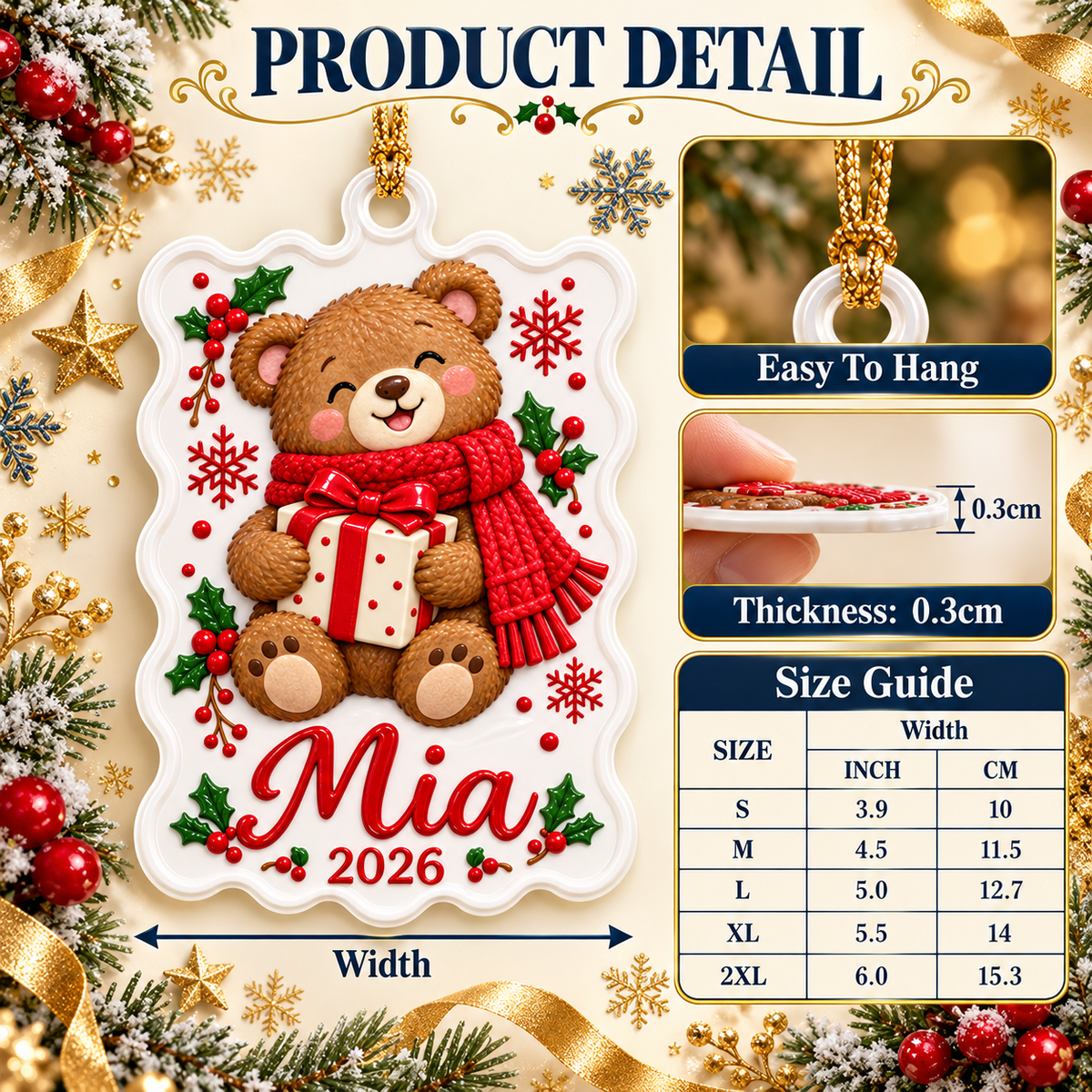 Christmas Teddy Bear with Gift Box Scalloped Holiday Keepsake - 3D Relief Ornament
