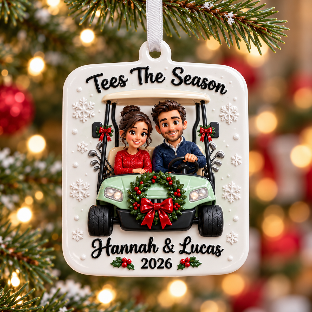 Golf Cart Couple Christmas Holiday Keepsake Plaque - 3D Relief Ornament