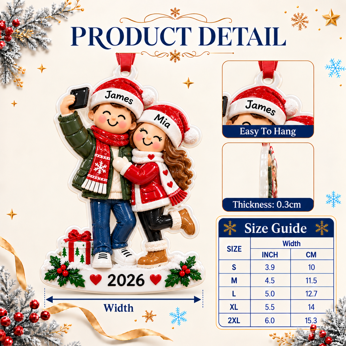 Couple Taking Selfie Christmas Tree Keepsake, Winter Holiday Figurine Hanging - 3D Relief Ornament