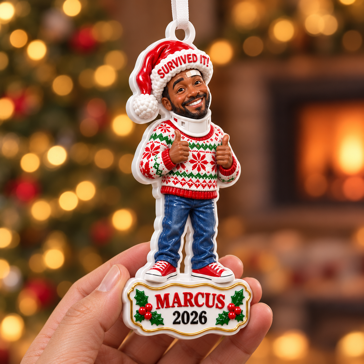Survived It Injured Man in Ugly Sweater Christmas Tree Hanging Keepsake ...