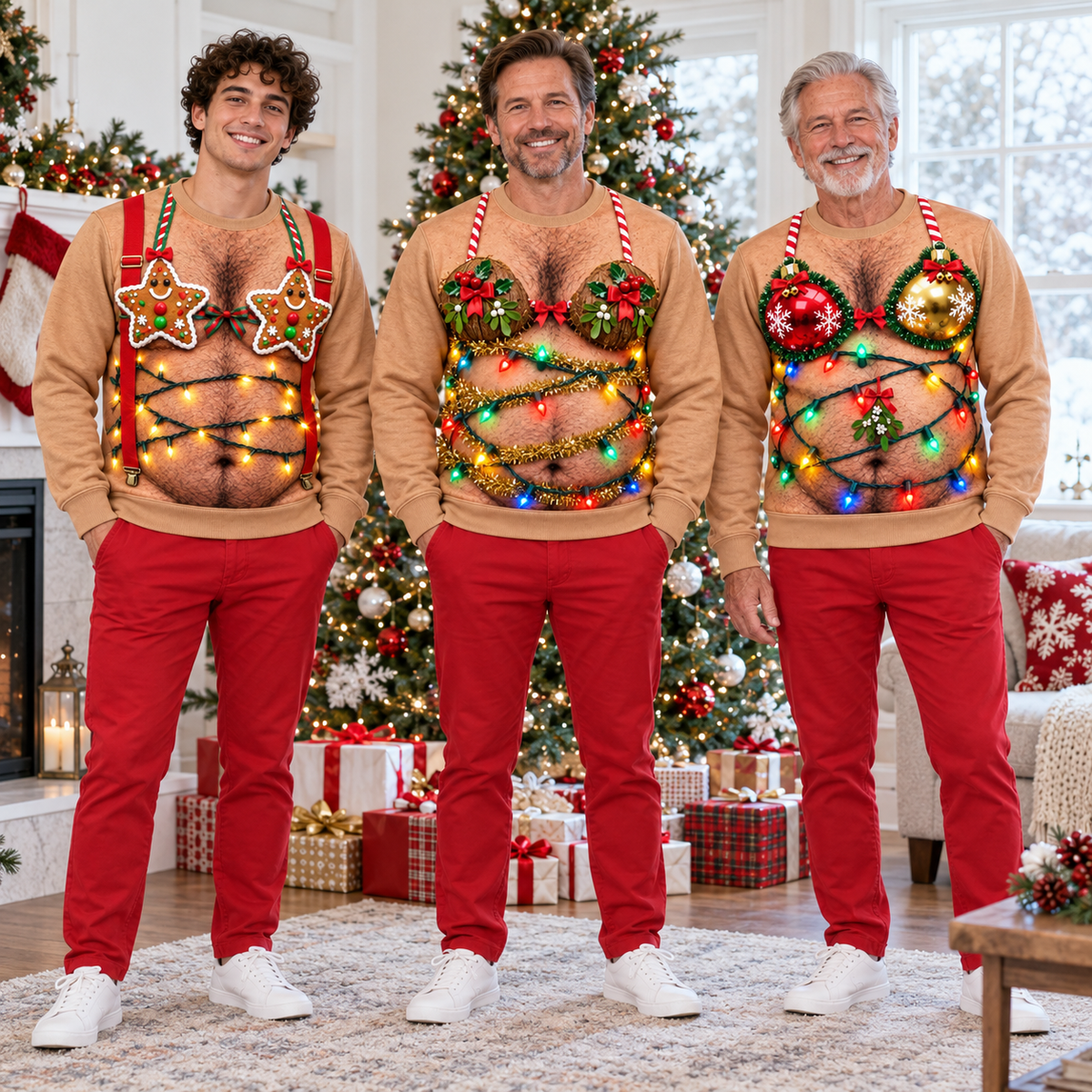 Funny Christmas Sweatshirt Hairy Chest Bikini Graphic Tan Pullover