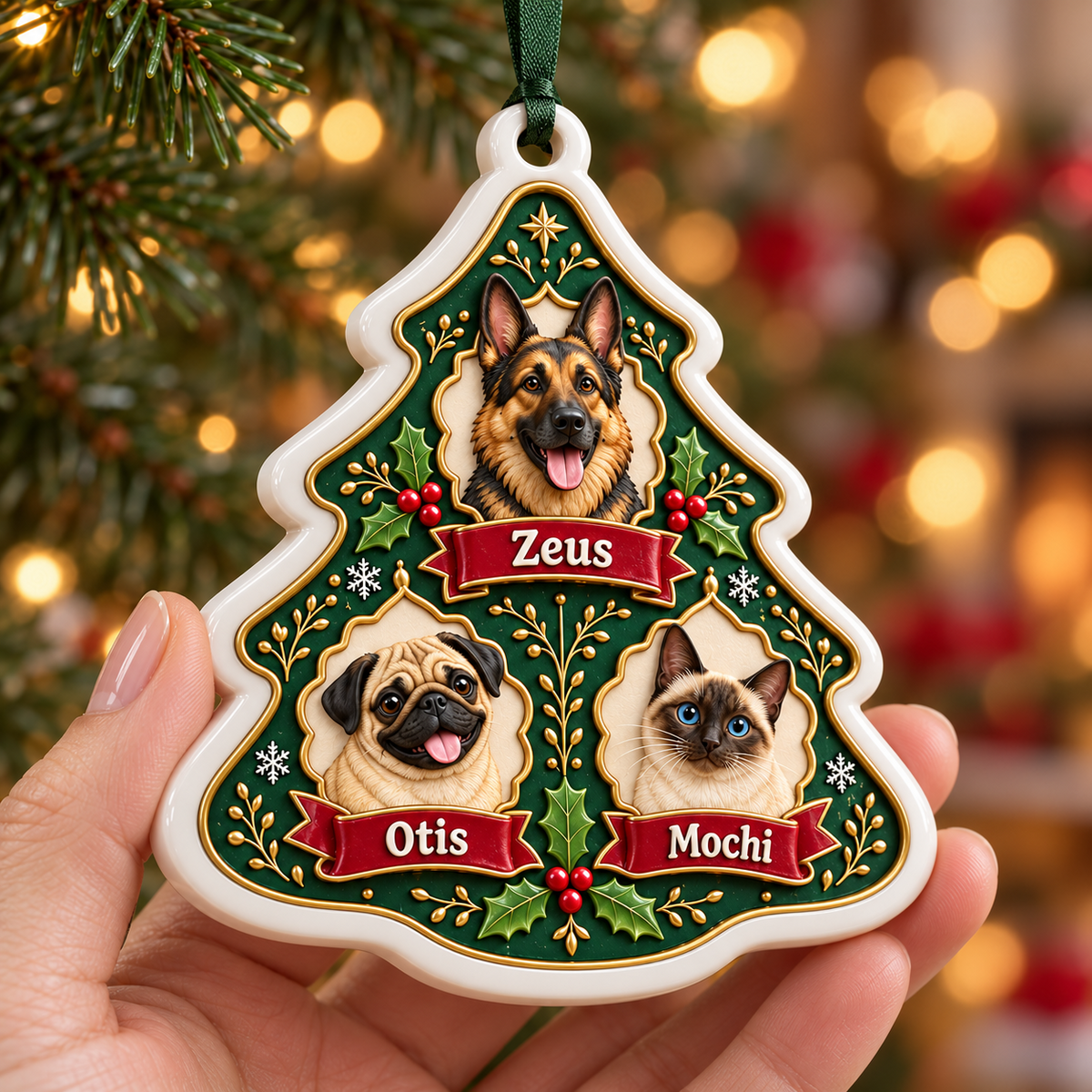 Christmas Tree Shaped Multi Pet Dog and Cat Ceramic Plaque - 3D Relief Ornament