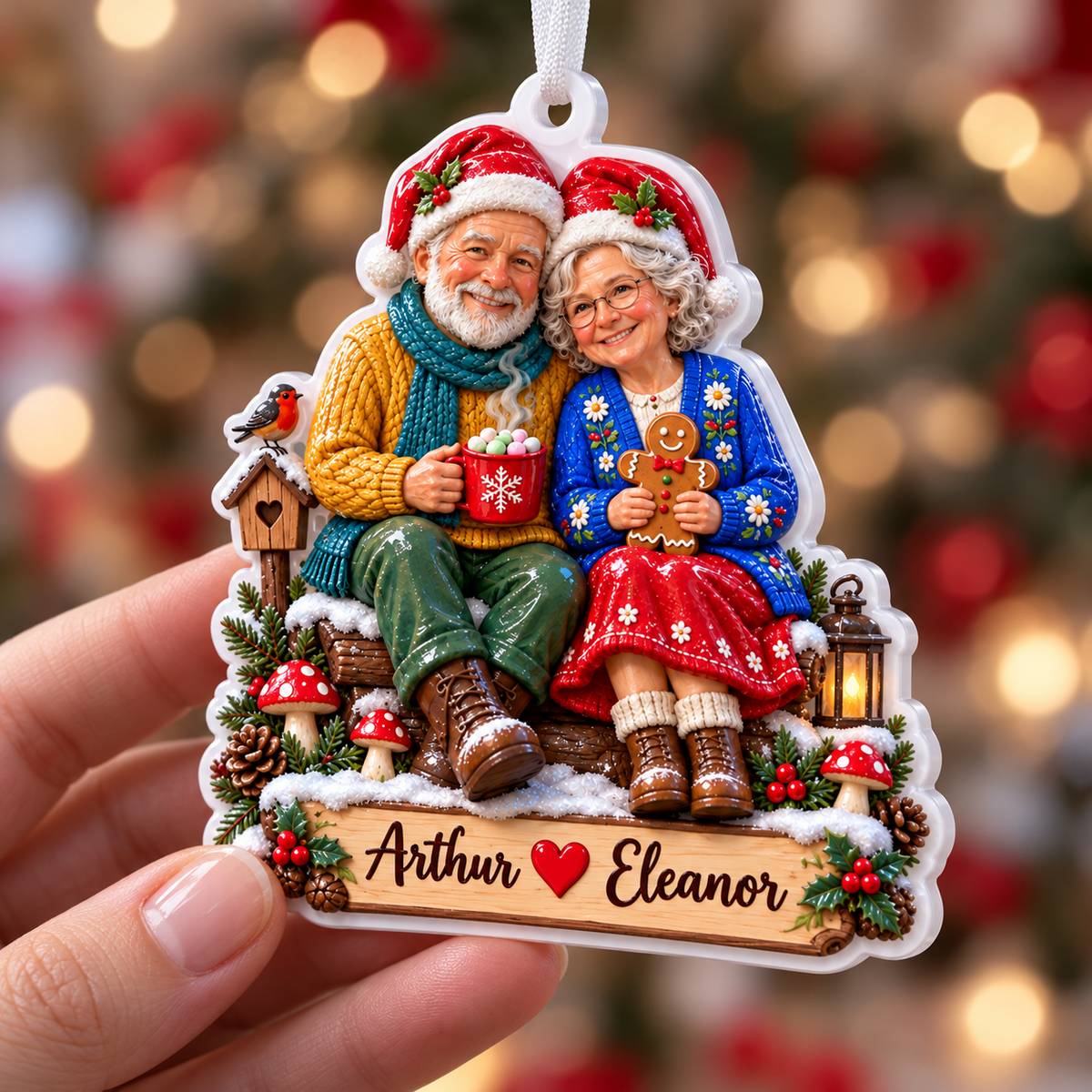 Elderly Couple Sitting on Log Winter Christmas Scene Hanging Acrylic Plaque - 3D Relief Ornament