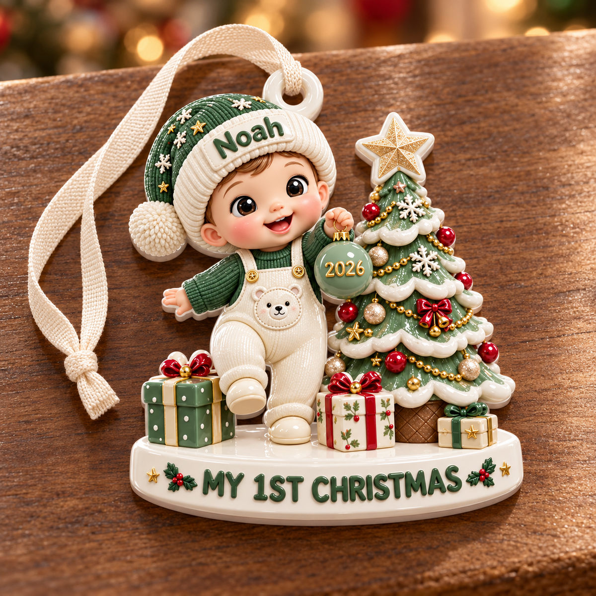 Baby Boy First Christmas Tree Scene Polyresin Figurine Keepsake - 3D Relief Ornament