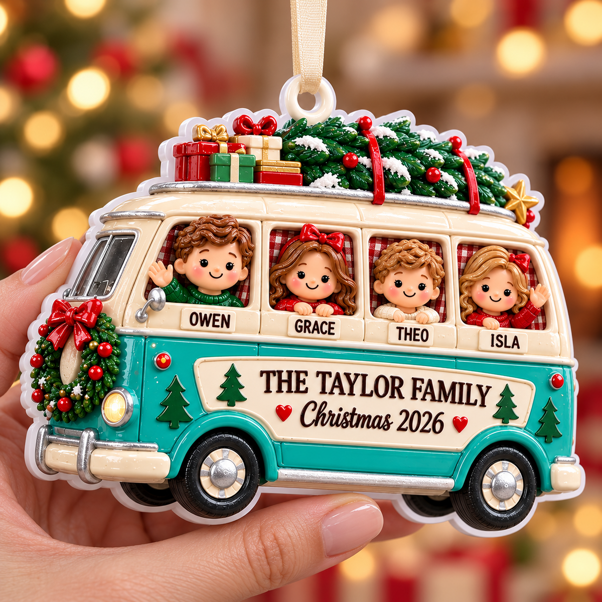 Family Road Trip Camper Van Holiday Hanging Keepsake - 3D Relief Ornament