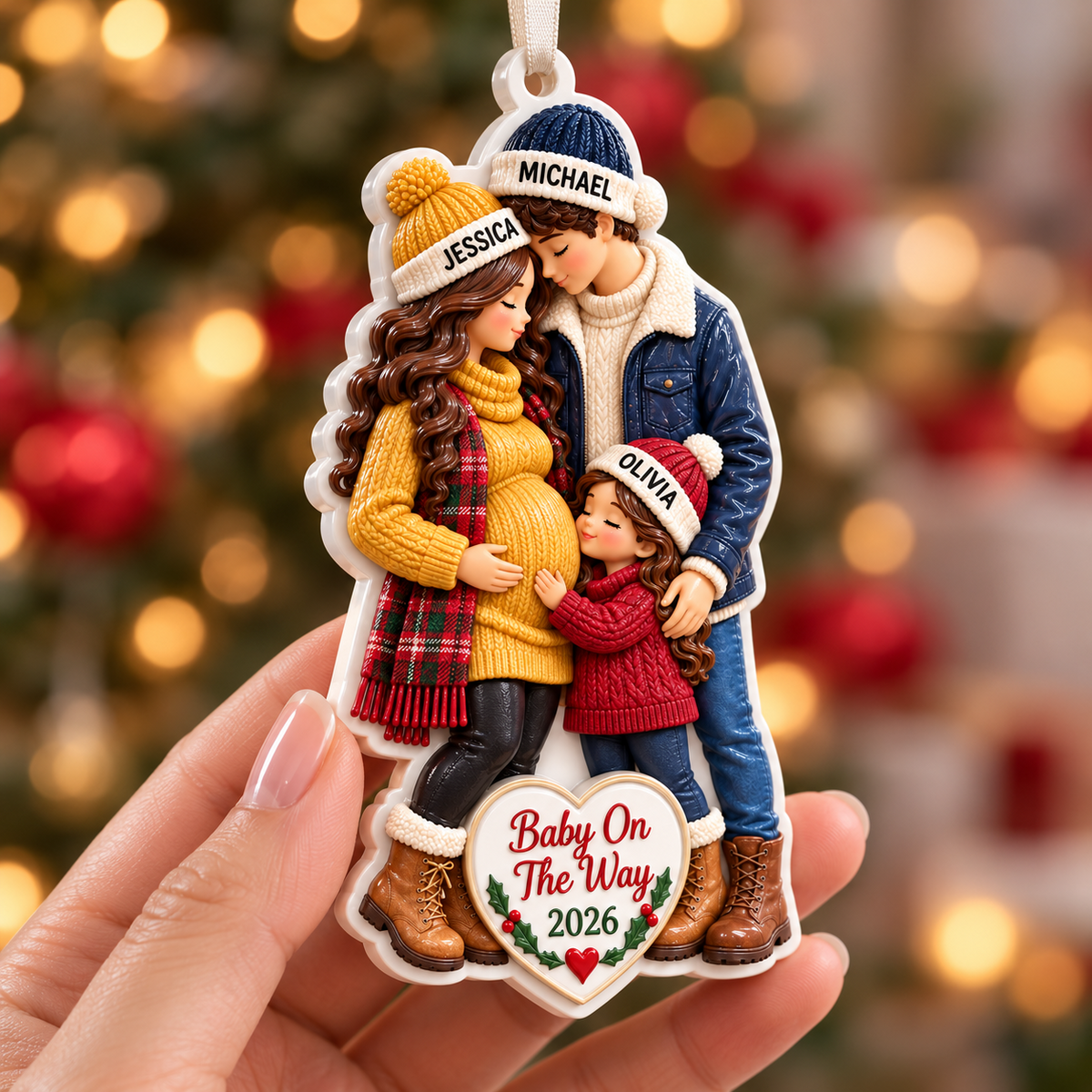Baby On The Way Expecting Family of Three Holiday Tree Keepsake - 3D Relief Ornament