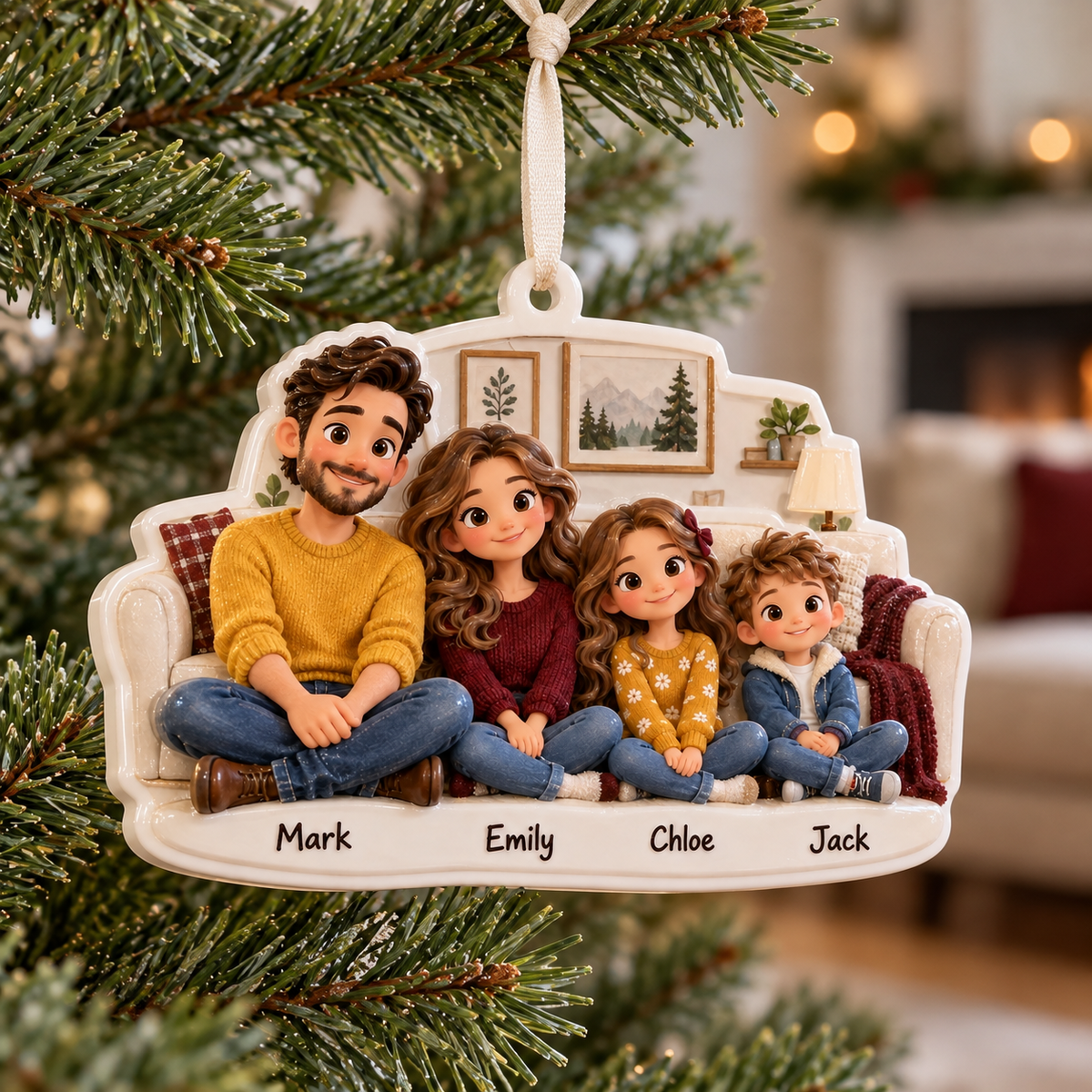 Cartoon Family of Four on Living Room Couch Hanging Holiday Keepsake - 3D Relief Ornament