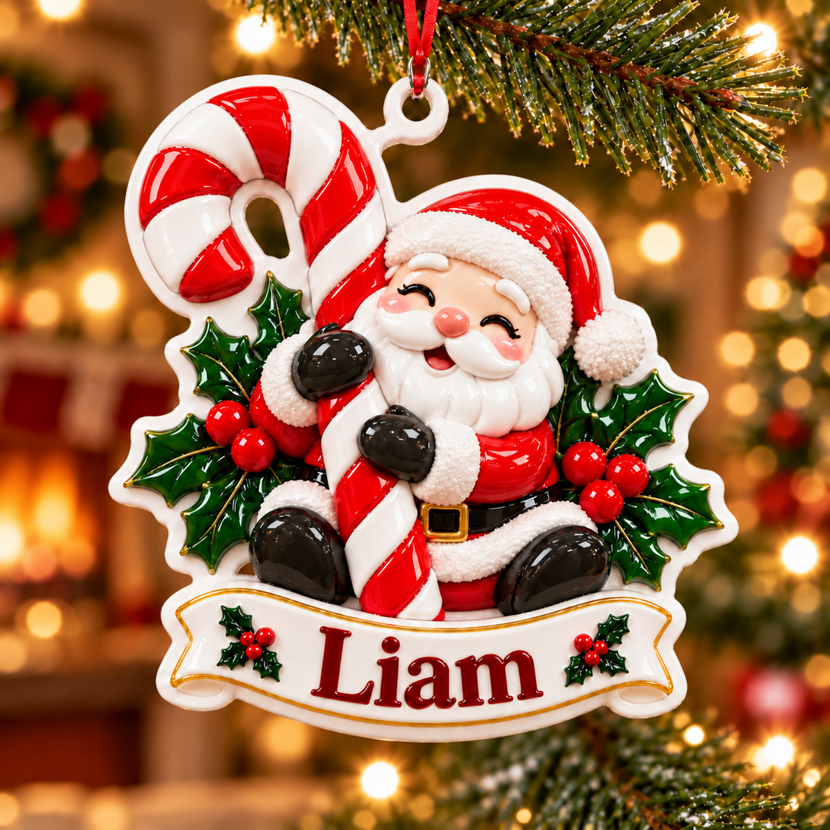 Santa Claus with Candy Cane Christmas Tree Hanging Plaque - 3D Relief Ornament