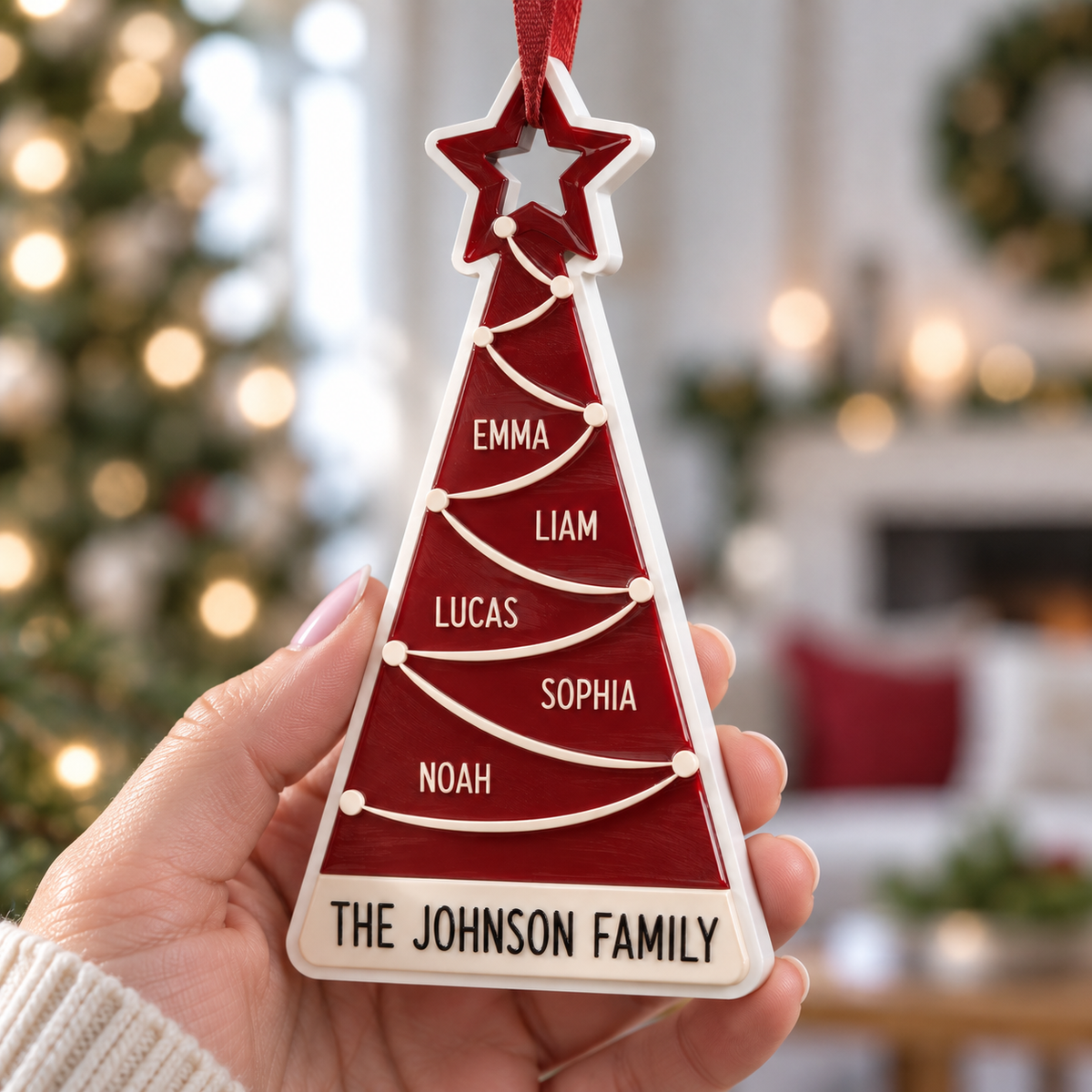 Family Christmas Tree Holiday Hanging Decoration, Red and White Star - 3D Relief Ornament
