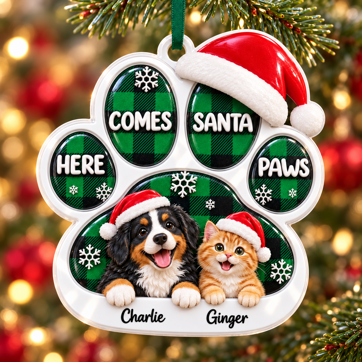 Paw Shape Christmas Tree Hanging Decoration with Dog and Cat Green Plaid - 3D Relief Ornament