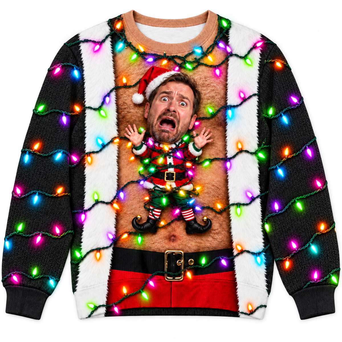 Ugly Christmas Sweatshirt with Hairy Chest and Holiday Elf Graphic