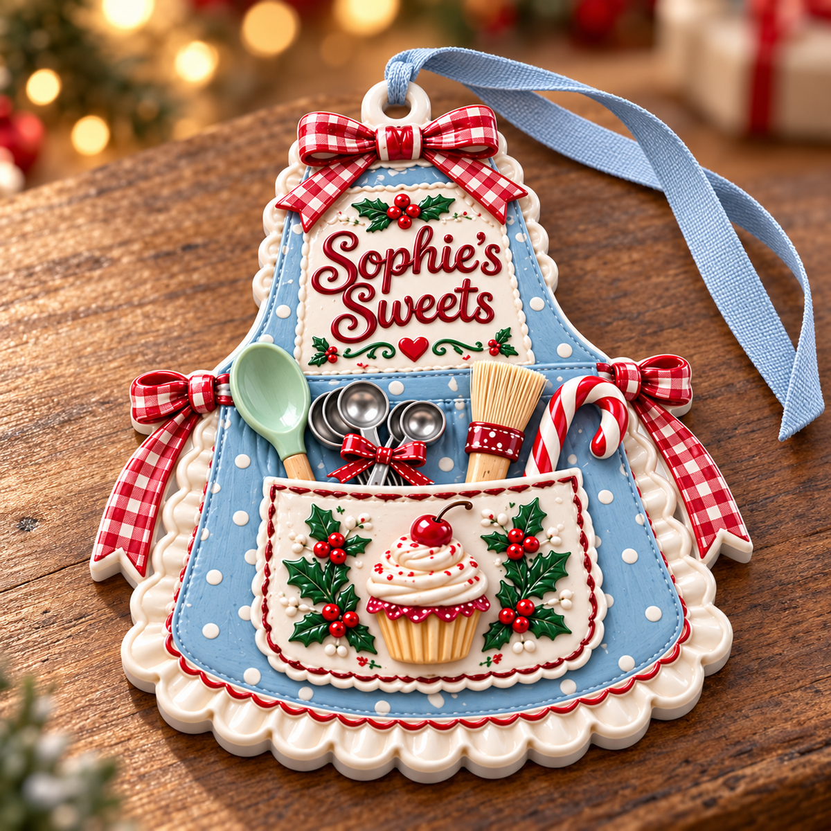 Baking Apron Holiday Tree Pendant with Cupcake and Utensils - 3D Relief Ornament