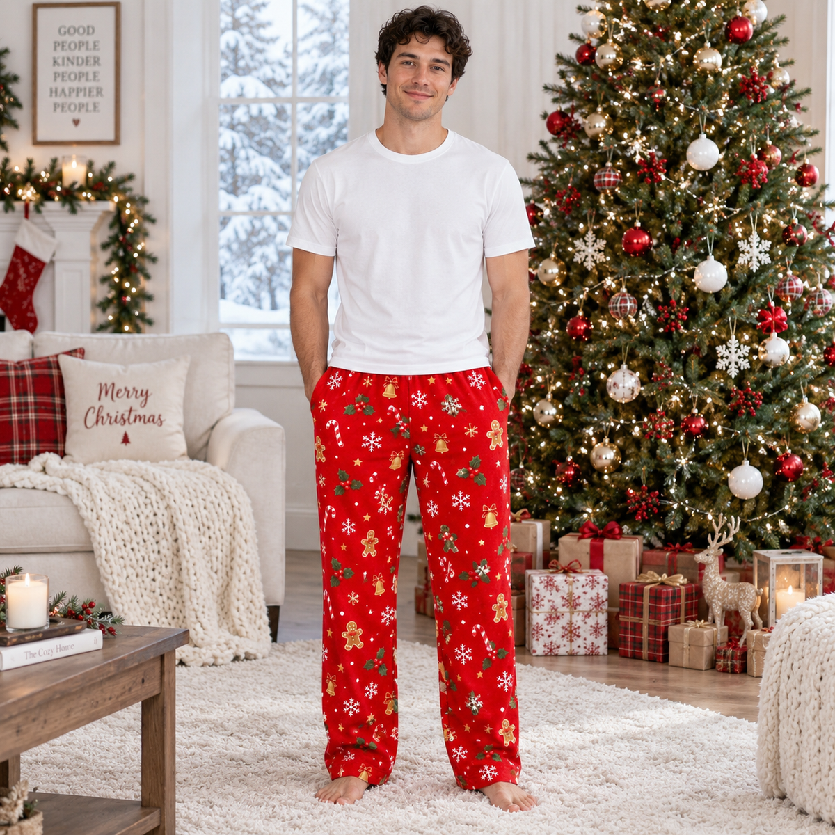 Novelty Christmas Pajama Pants Holiday Wreath Gag Print Lounge Bottoms