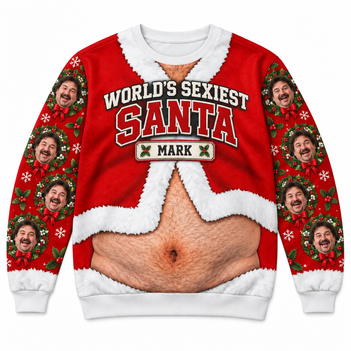 Funny Christmas Sweatshirt Hairy Belly Print Holiday Crewneck