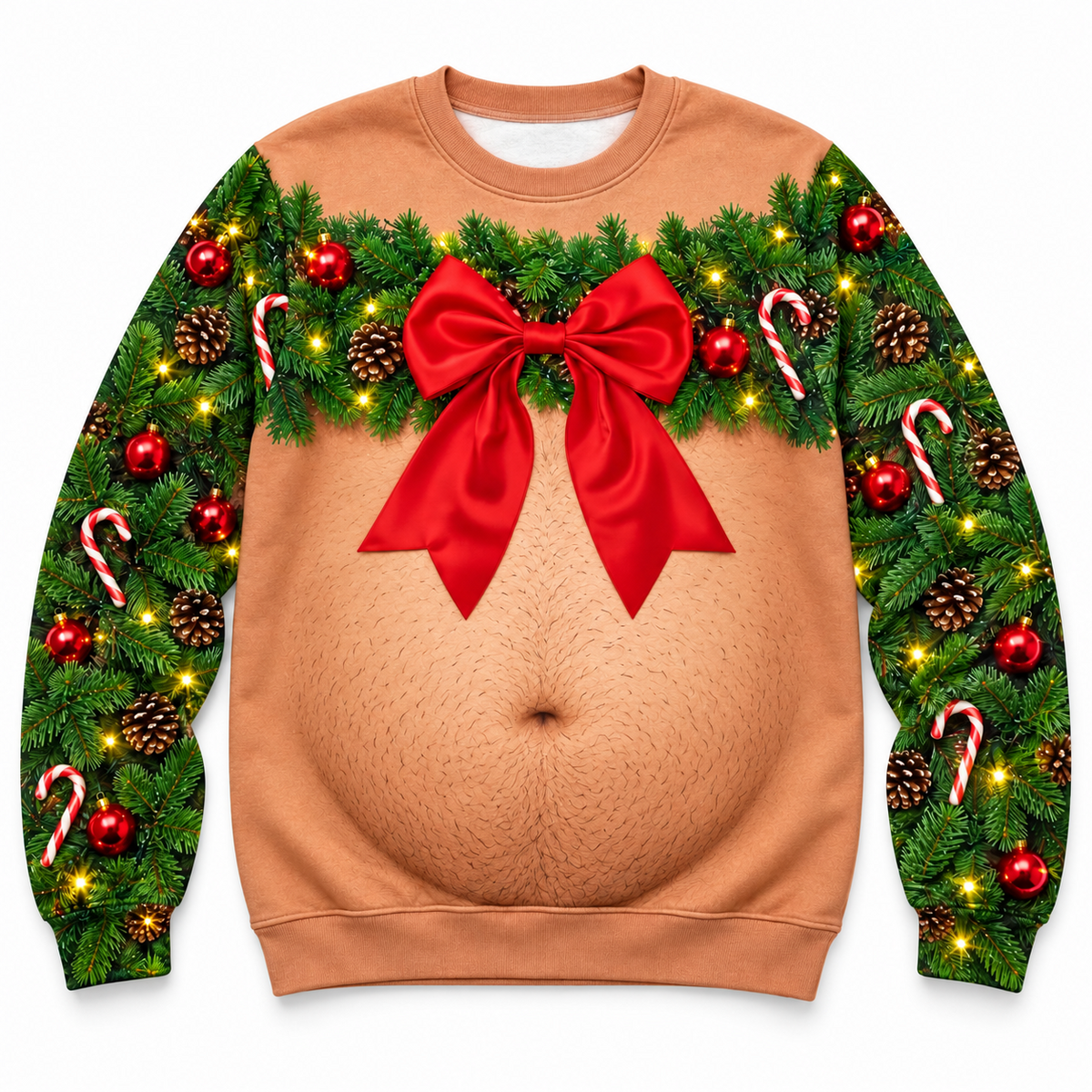 Christmas Sweatshirt Funny Bare Torso Garland Bow Holiday Pullover