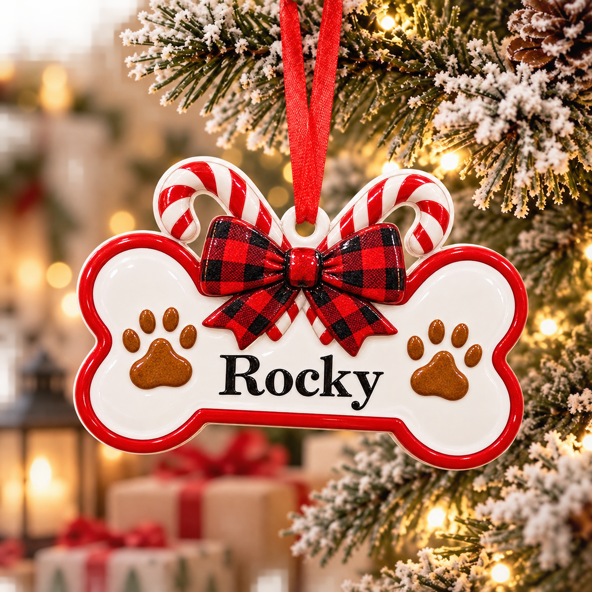 Dog Bone Holiday Keepsake with Candy Canes and Plaid Ribbon Bow - 3D Relief Ornament