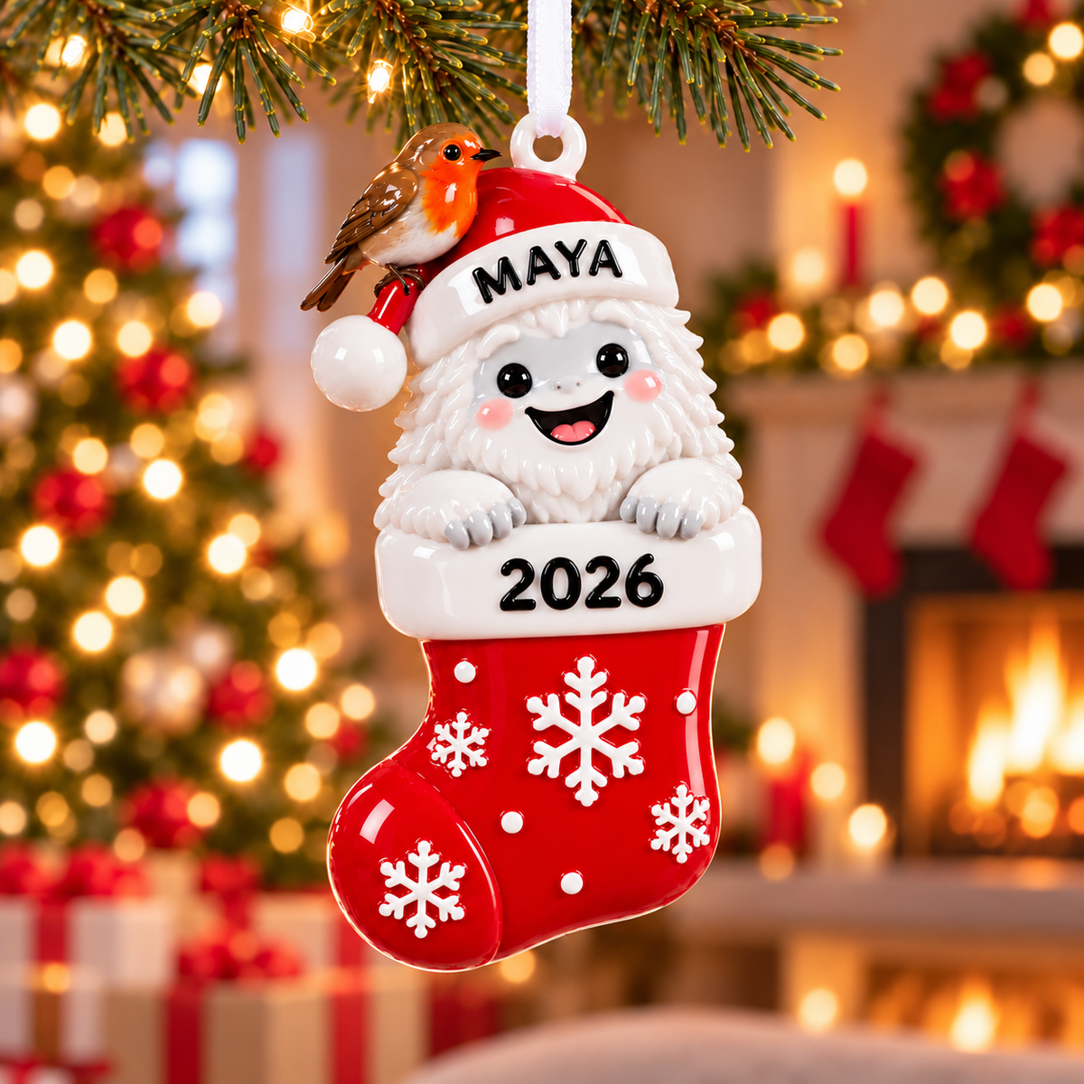 Christmas Yeti in Stocking with Robin Hanging Holiday Decor - 3D Relief Ornament