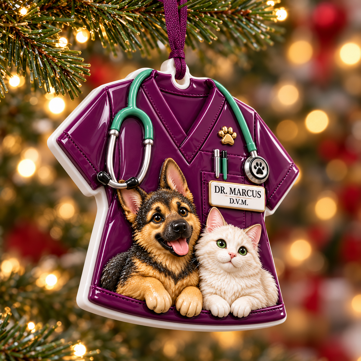 Veterinarian Scrub Uniform with German Shepherd Dog and White Cat - 3D Relief Ornament