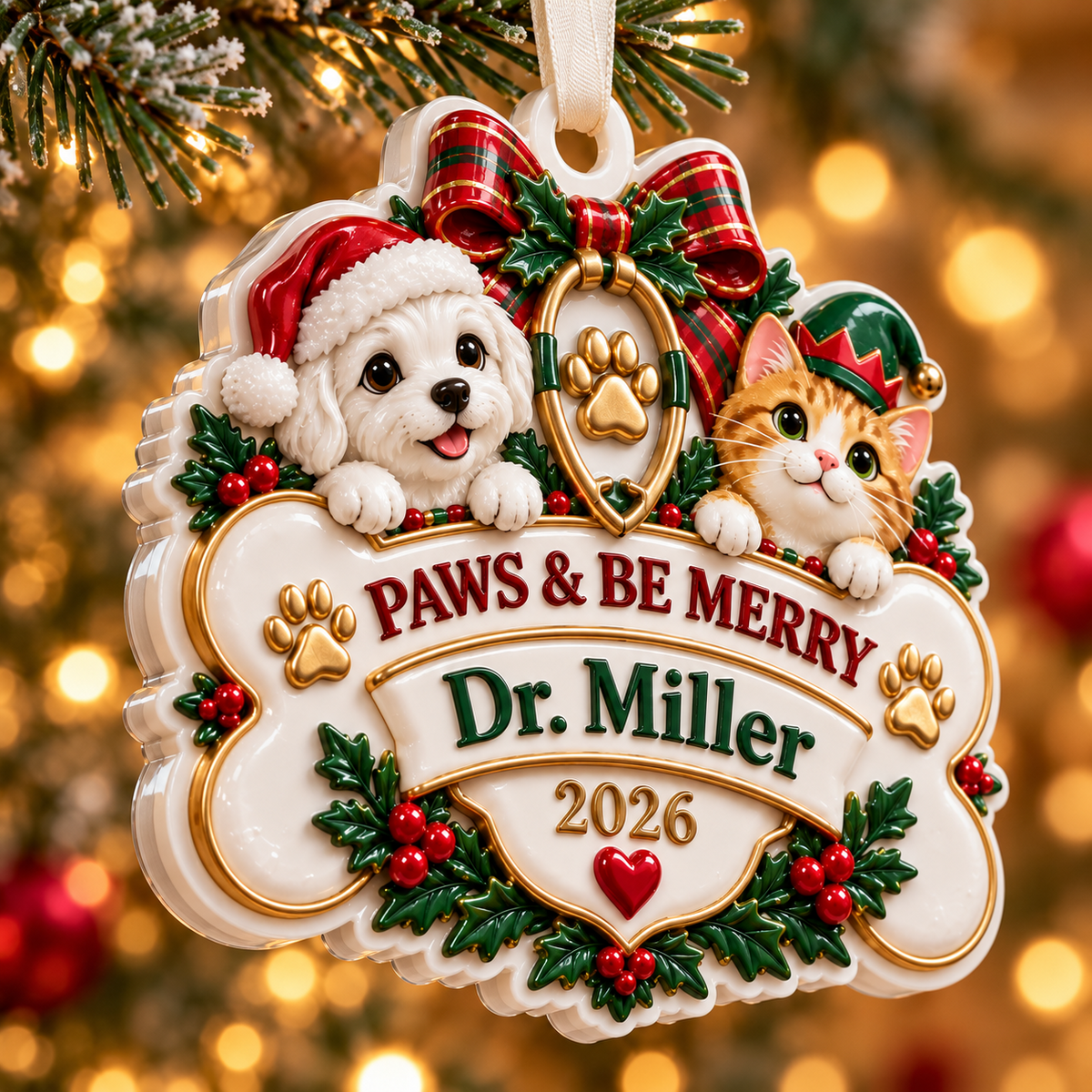 Veterinary Dog and Cat Bone Plaque Holiday Hanging Keepsake - 3D Relief Ornament