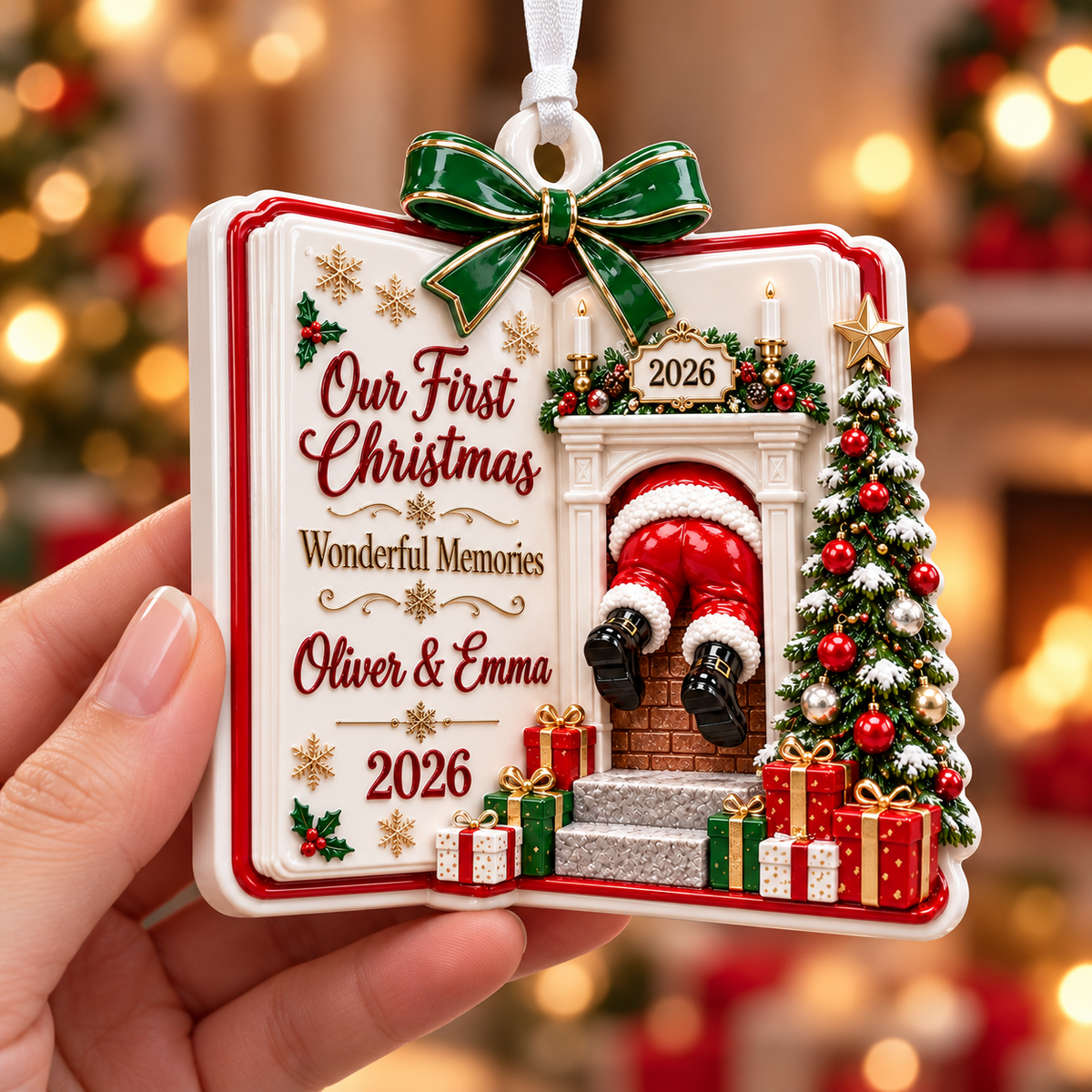 Gift Box Shaped Glossy White Ceramic Holiday Tree Hanging Decor - 3D Relief Ornament