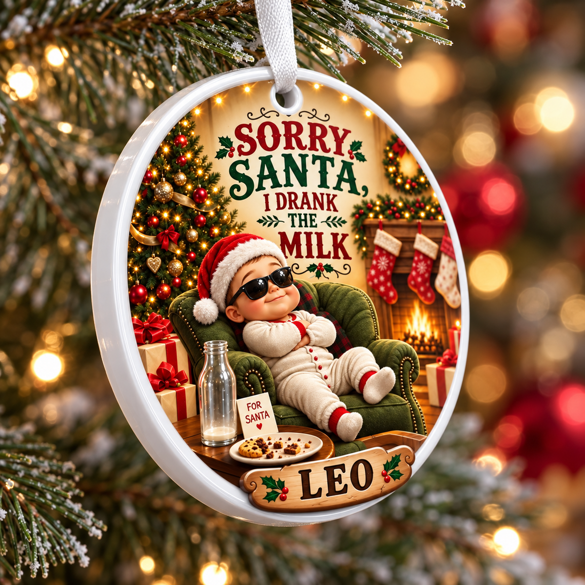 Baby In Sunglasses Sorry Santa I Drank The Milk Round Holiday Keepsake - 3D Relief Ornament