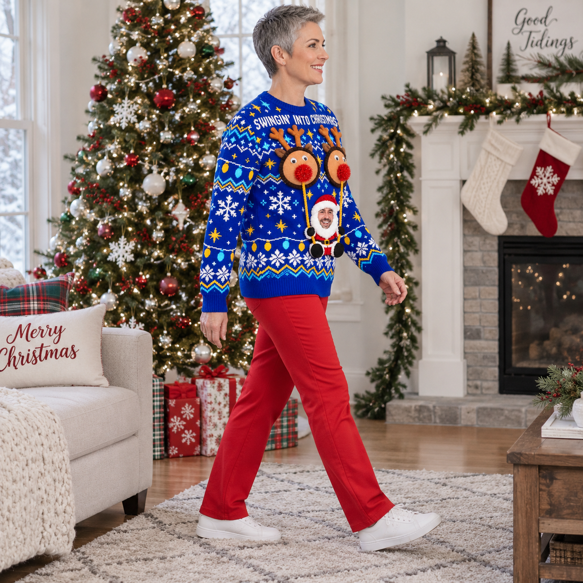 Ugly Christmas Sweater Swingin Reindeer Santa Long Sleeve Knit Top