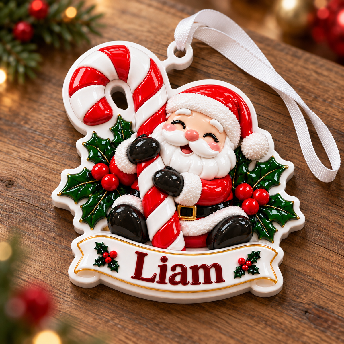 Santa Claus with Candy Cane Christmas Tree Hanging Plaque - 3D Relief Ornament