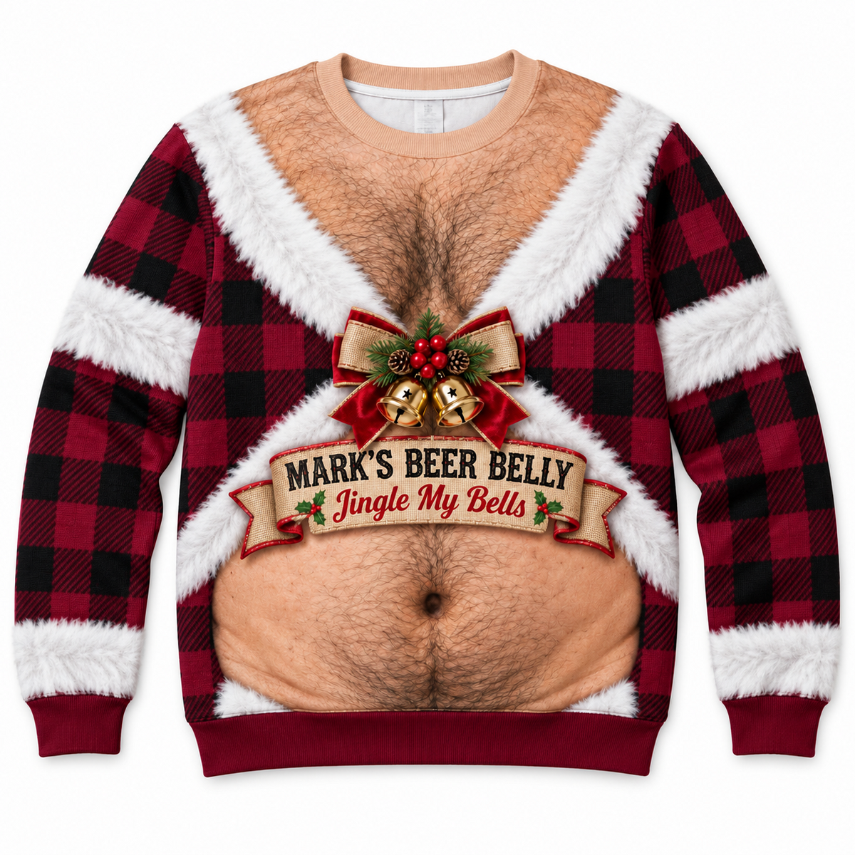 Funny Christmas Sweatshirt Hairy Chest Beer Belly Plaid Pullover