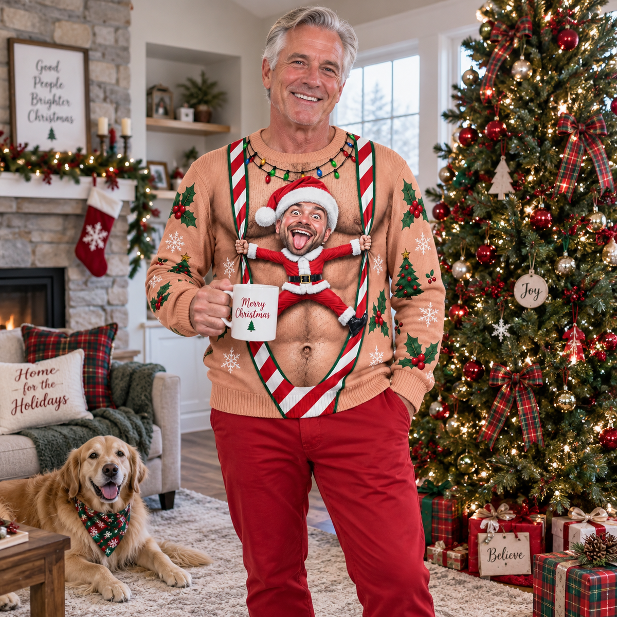 Ugly Christmas Sweatshirt Faux Hairy Chest Candy Cane Suspenders