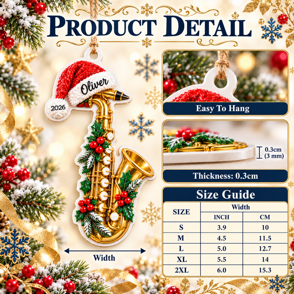 Christmas Golden Saxophone with Santa Hat Hanging Acrylic - 3D Relief Ornament
