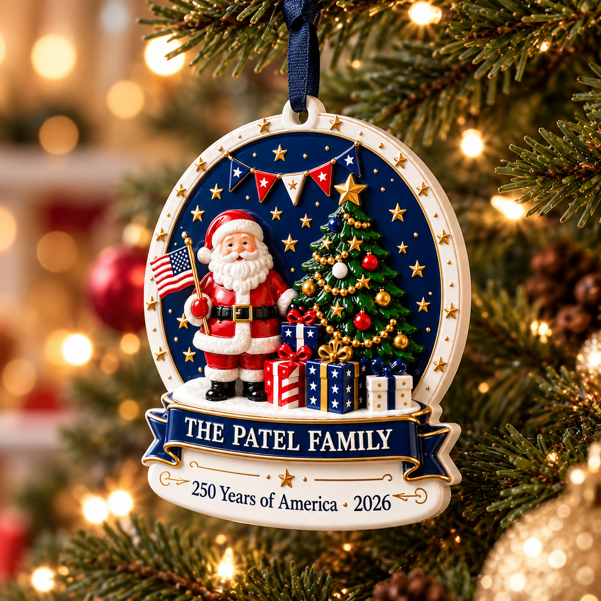 Patriotic Santa Claus with American Flag and Christmas Tree Medallion - 3D Relief Ornament