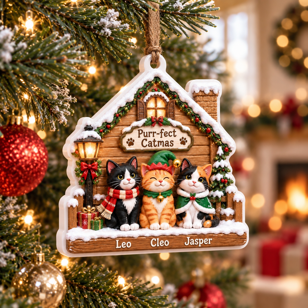 Cat Christmas Cabin Porch Holiday Keepsake Wooden Winter House - 3D Relief Ornament
