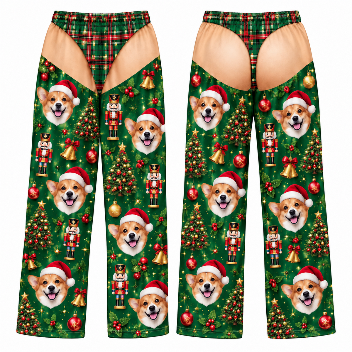 Christmas Pajama Pants with Thong Print and Holiday Dog Face Pattern