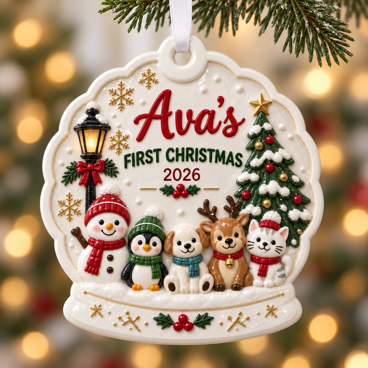 First Christmas Snow Globe Hanging Keepsake with Winter Animals - 3D Relief Ornament