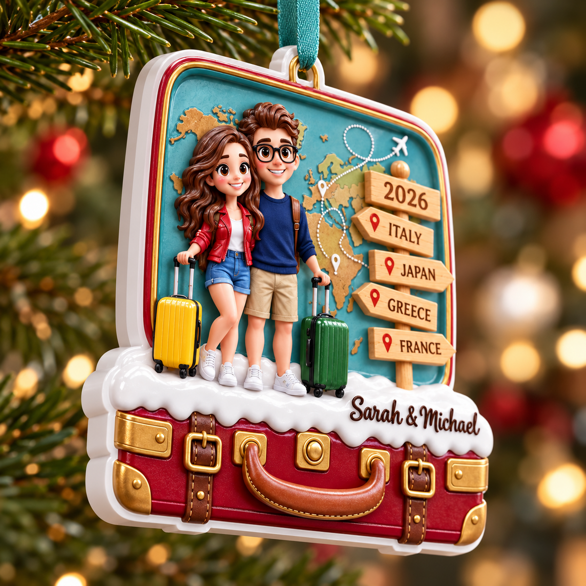 Travel Couple Suitcase Christmas Tree Decoration, Vacation Trip Theme Keepsake - 3D Relief Ornament