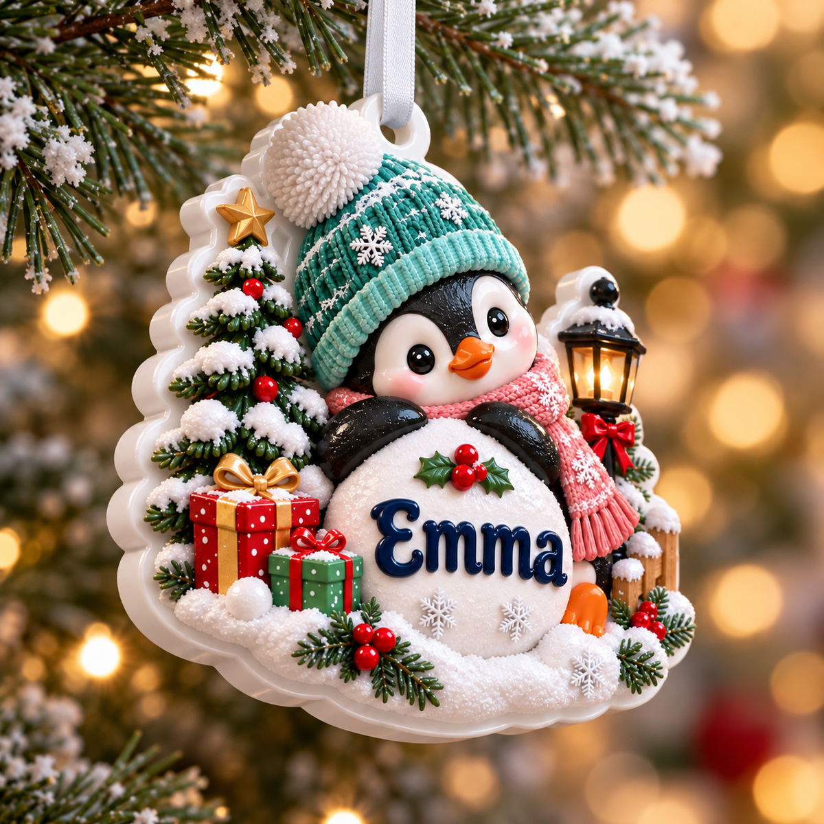Winter Penguin with Christmas Tree and Streetlamp Holiday Keepsake - 3D Relief Ornament