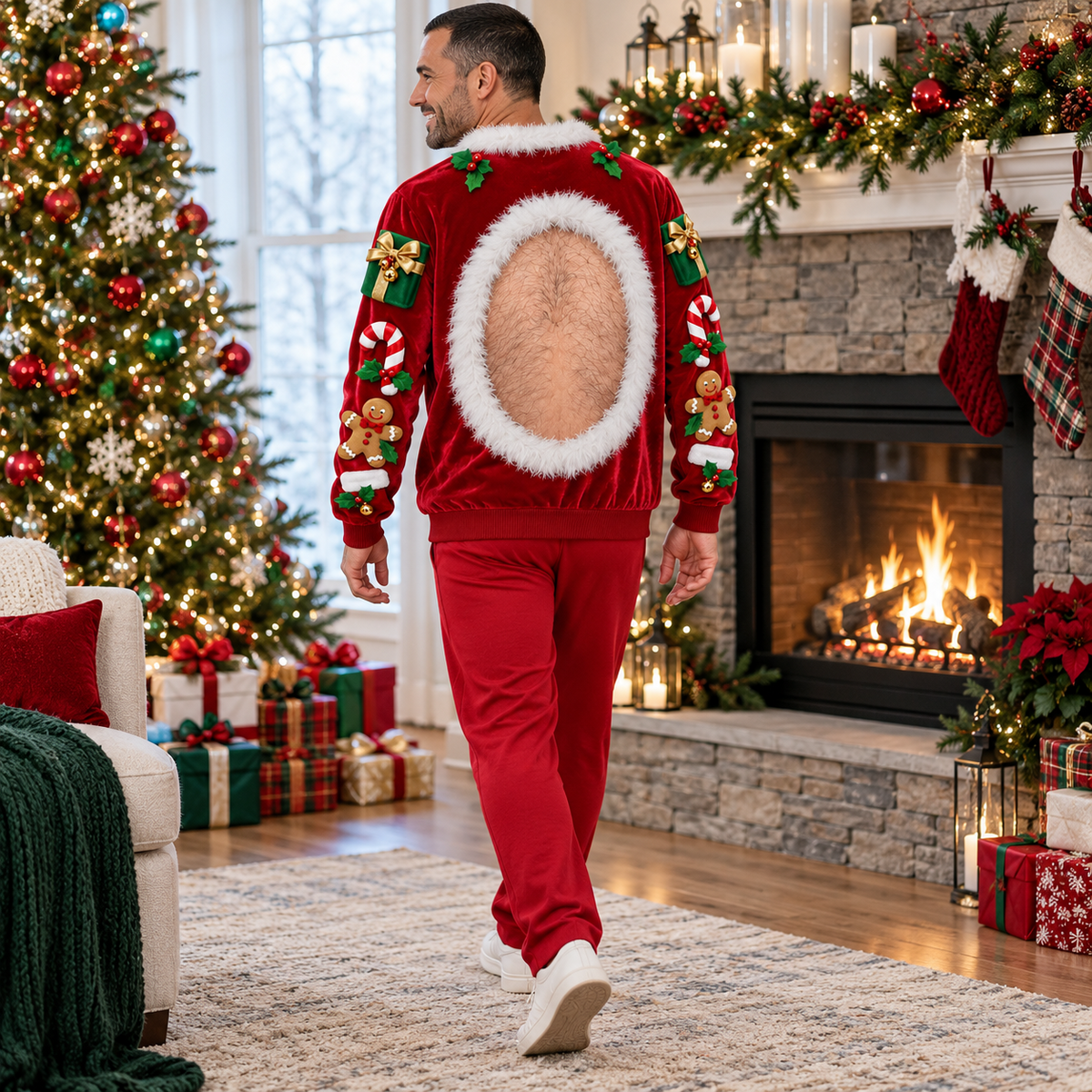 Funny Christmas Sweatshirt Hairy Belly Graphic Ugly Holiday Pullover