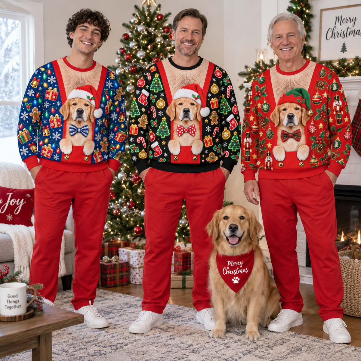 Golden Retriever Ugly Christmas Sweatshirt Faux Hairy Chest Pullover