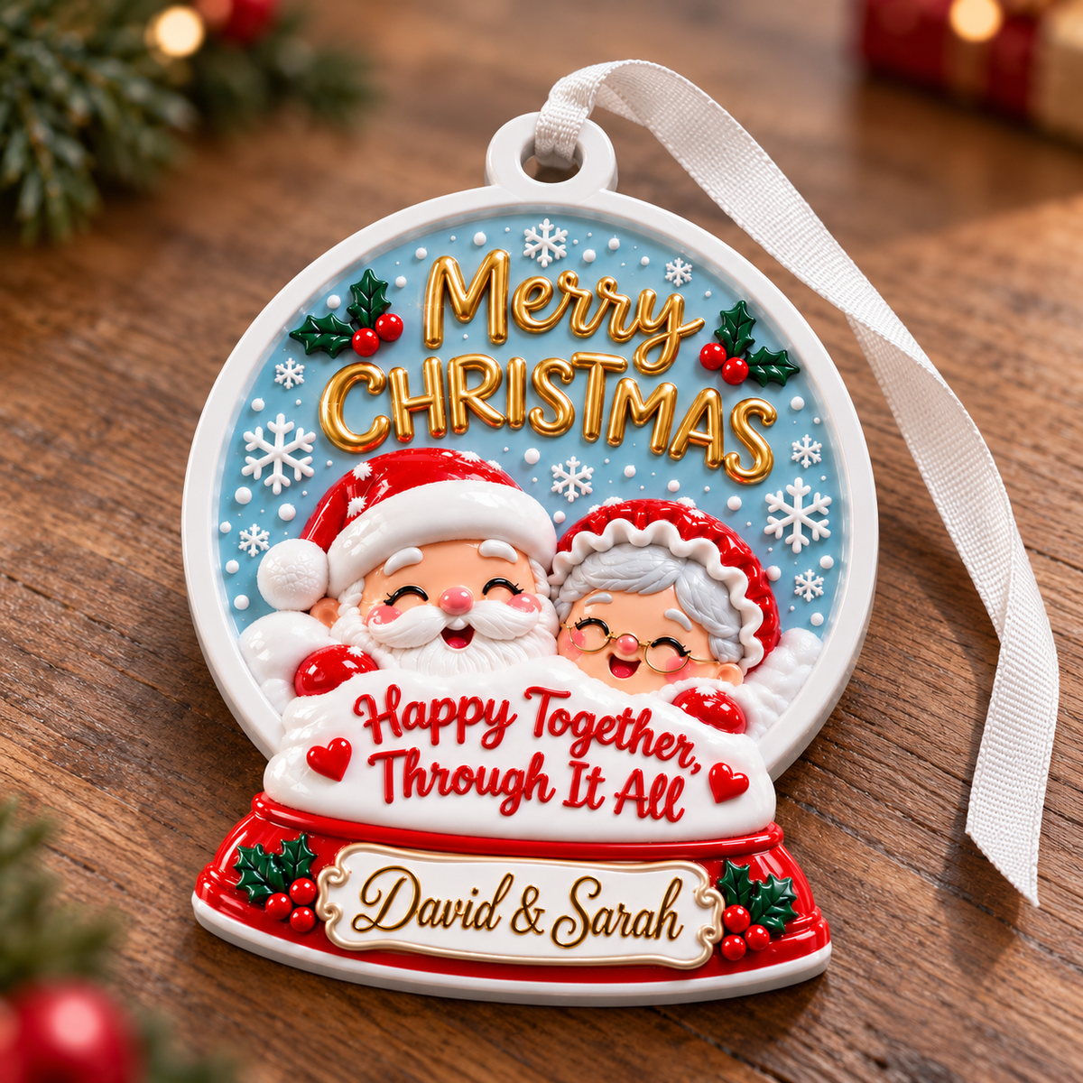 Couple Snow Globe Hanging Holiday Keepsake, Winter Theme Acrylic Medallion - 3D Relief Ornament
