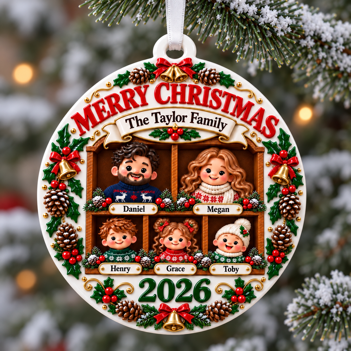 Family of Five Holiday Keepsake Acrylic Medallion with Pinecones - 3D Relief Ornament