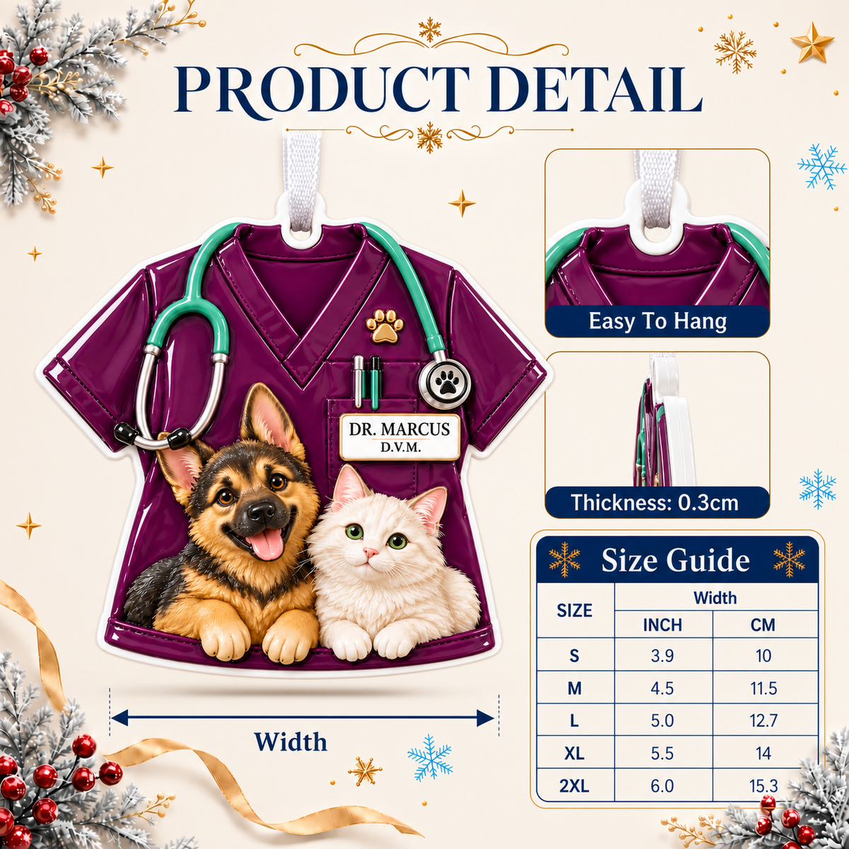 Veterinarian Scrub Uniform with German Shepherd Dog and White Cat - 3D Relief Ornament